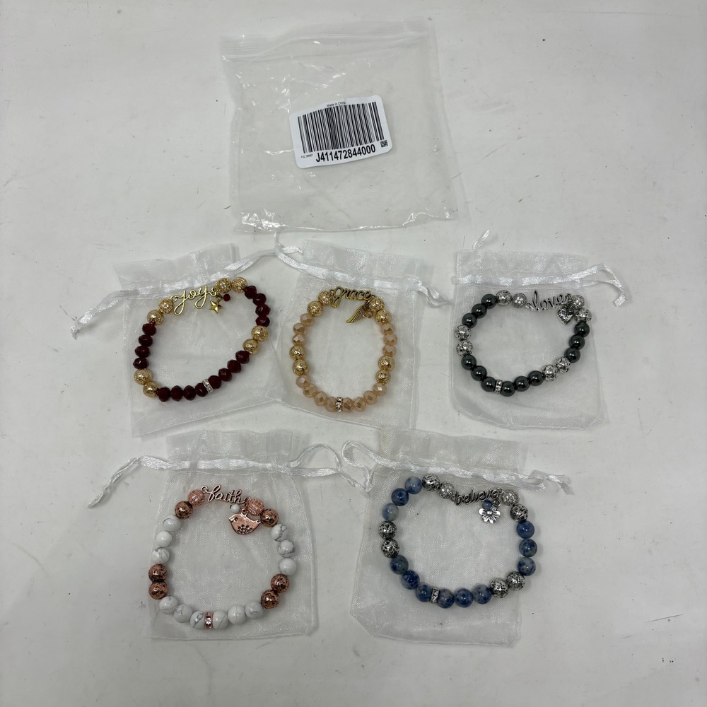 Set‎ of 5 Inspirational Beaded Stretch Bracelets Faith Believe Joy Grace Love